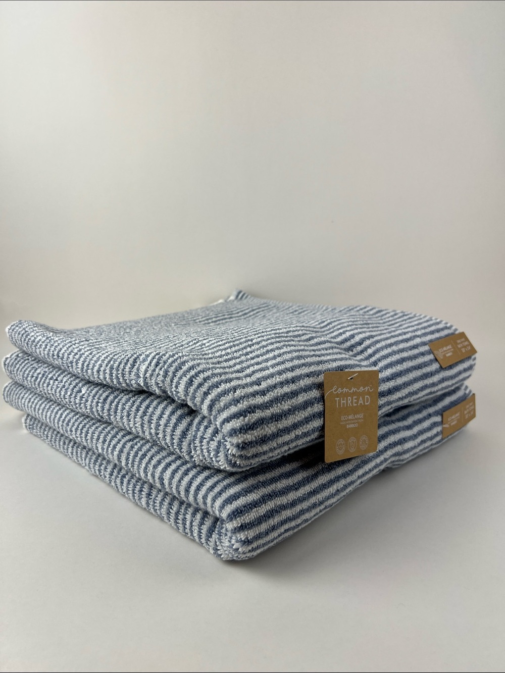 Common Thread Bath Towels Bamboo Blue White Striped Soft Cotton 2 Pc Set NEW